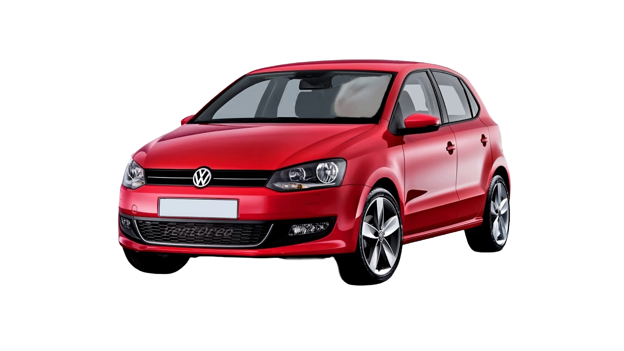 Red Volkswagen Polo parked in the city
