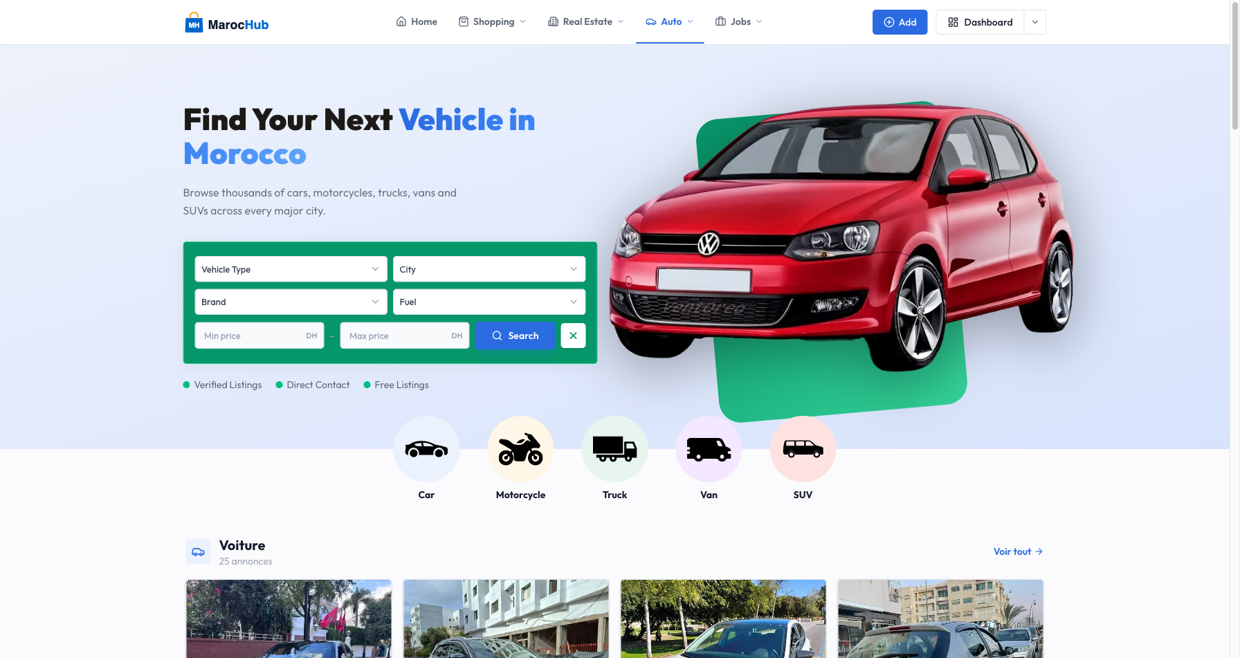 La section Auto de MarocHub — recherchez par type, marque, ville et budget