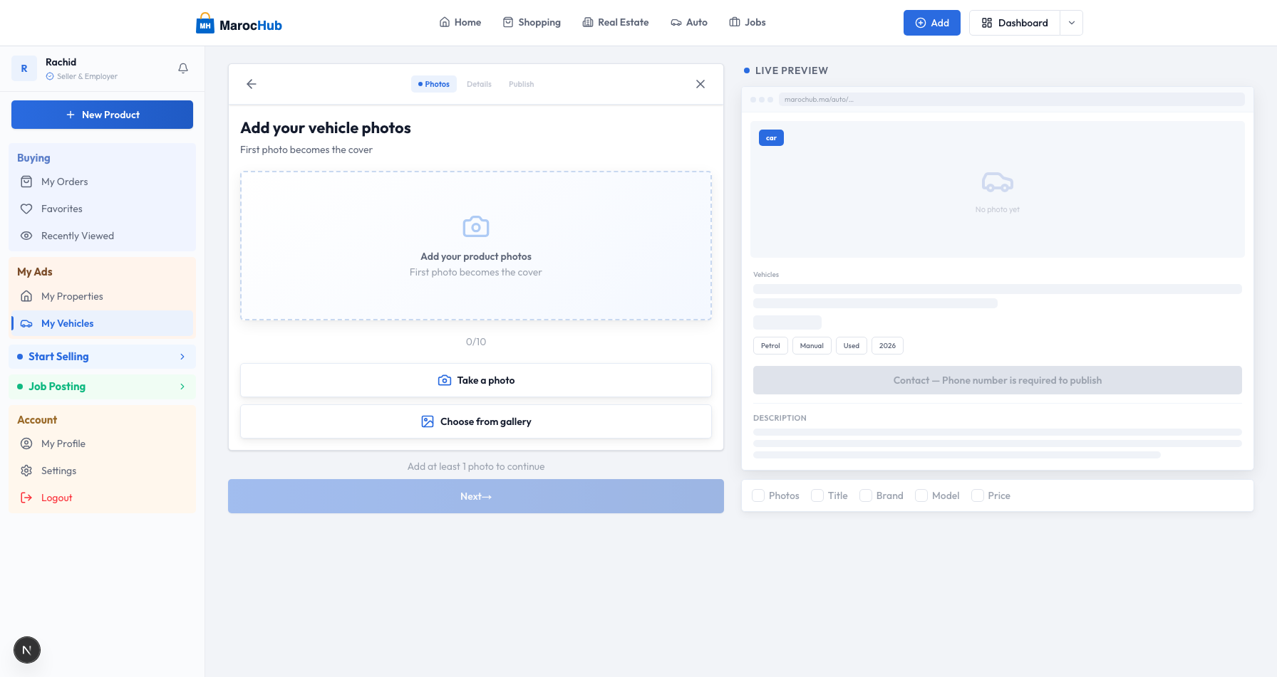 L'assistant de publication vehicule — ajoutez vos photos avec apercu en direct