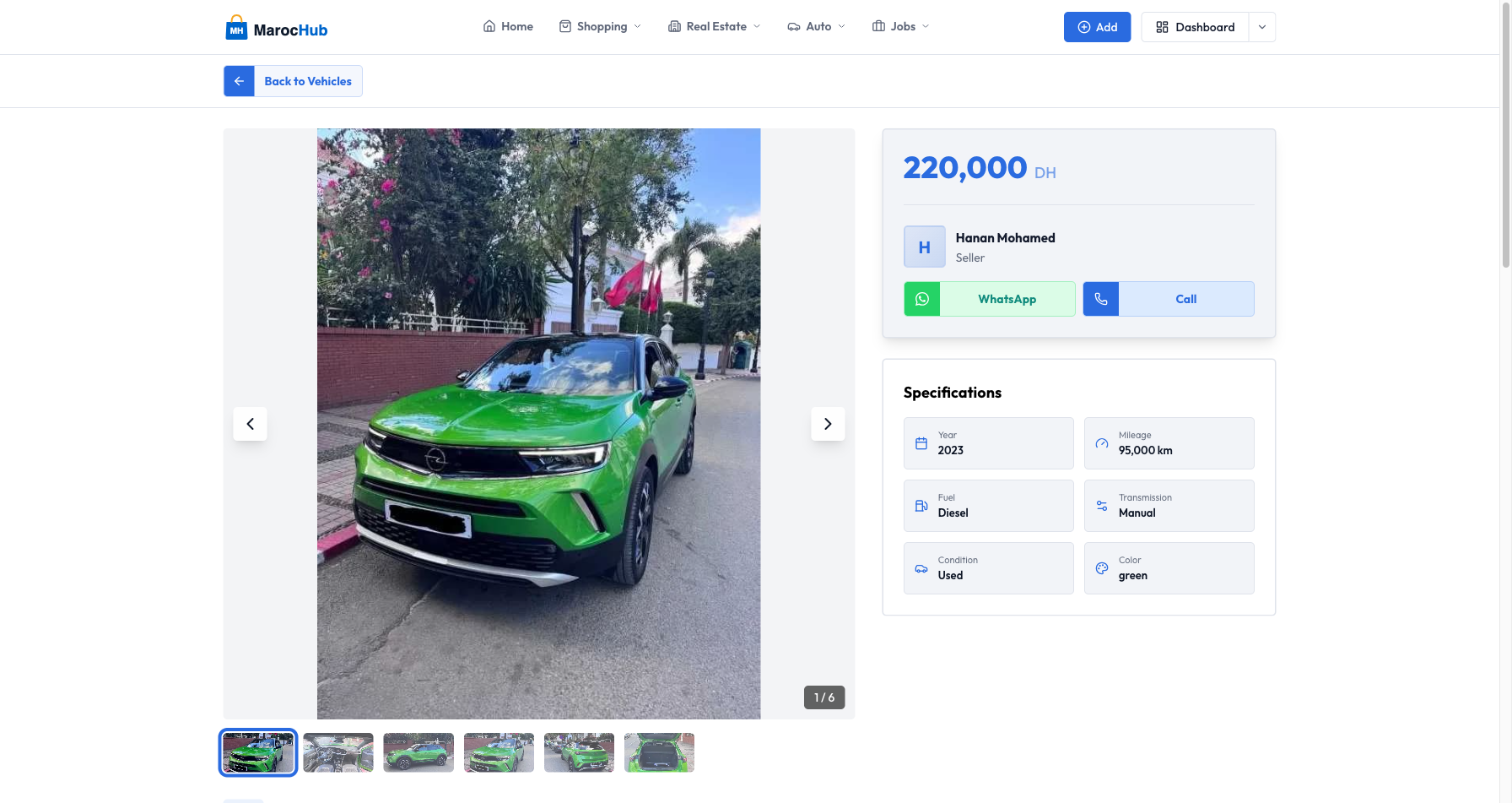Exemple d'annonce vehicule sur MarocHub — photos multiples, specifications completes, contact direct