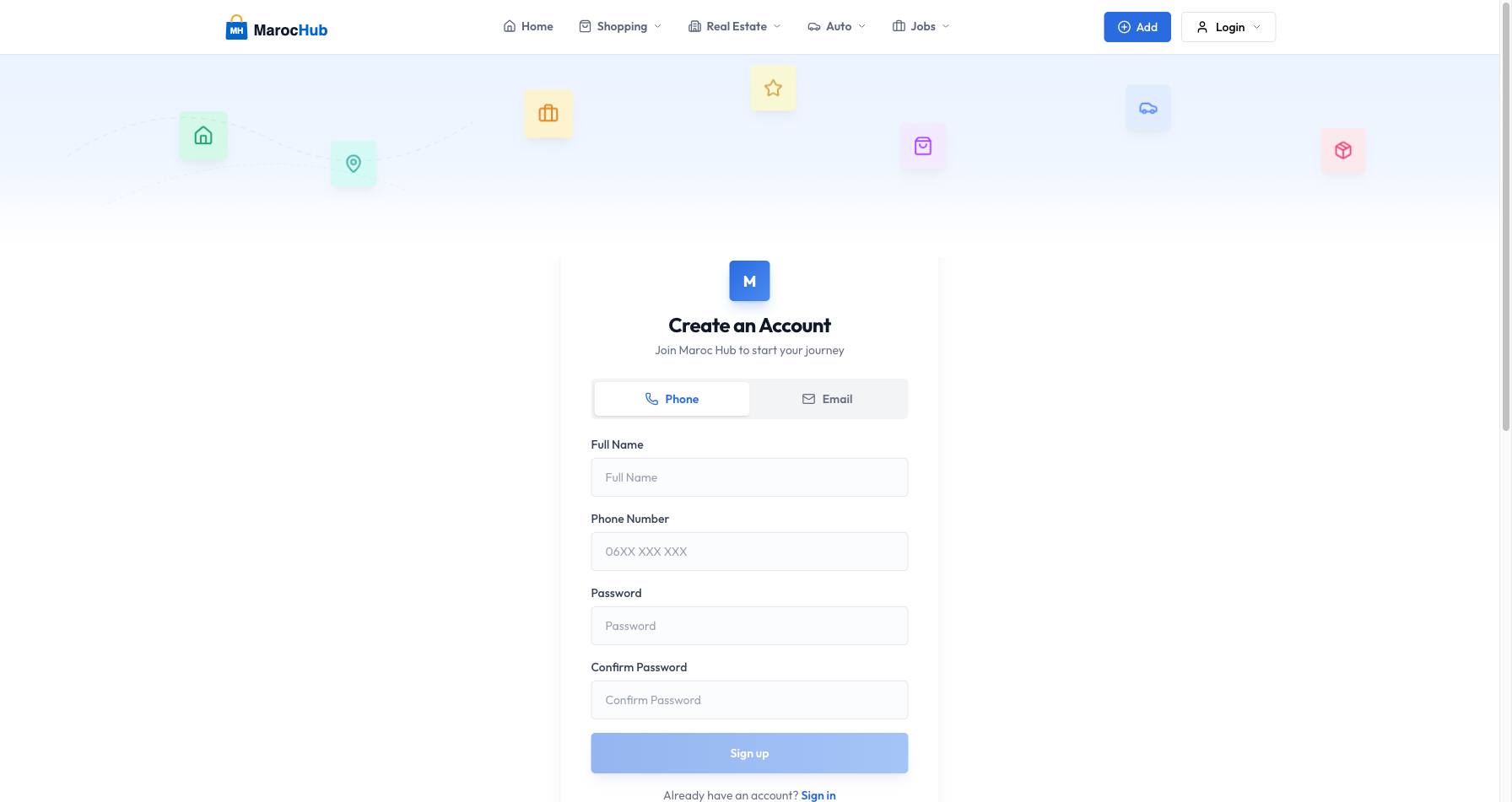 Page d'inscription MarocHub — inscription par telephone ou email
