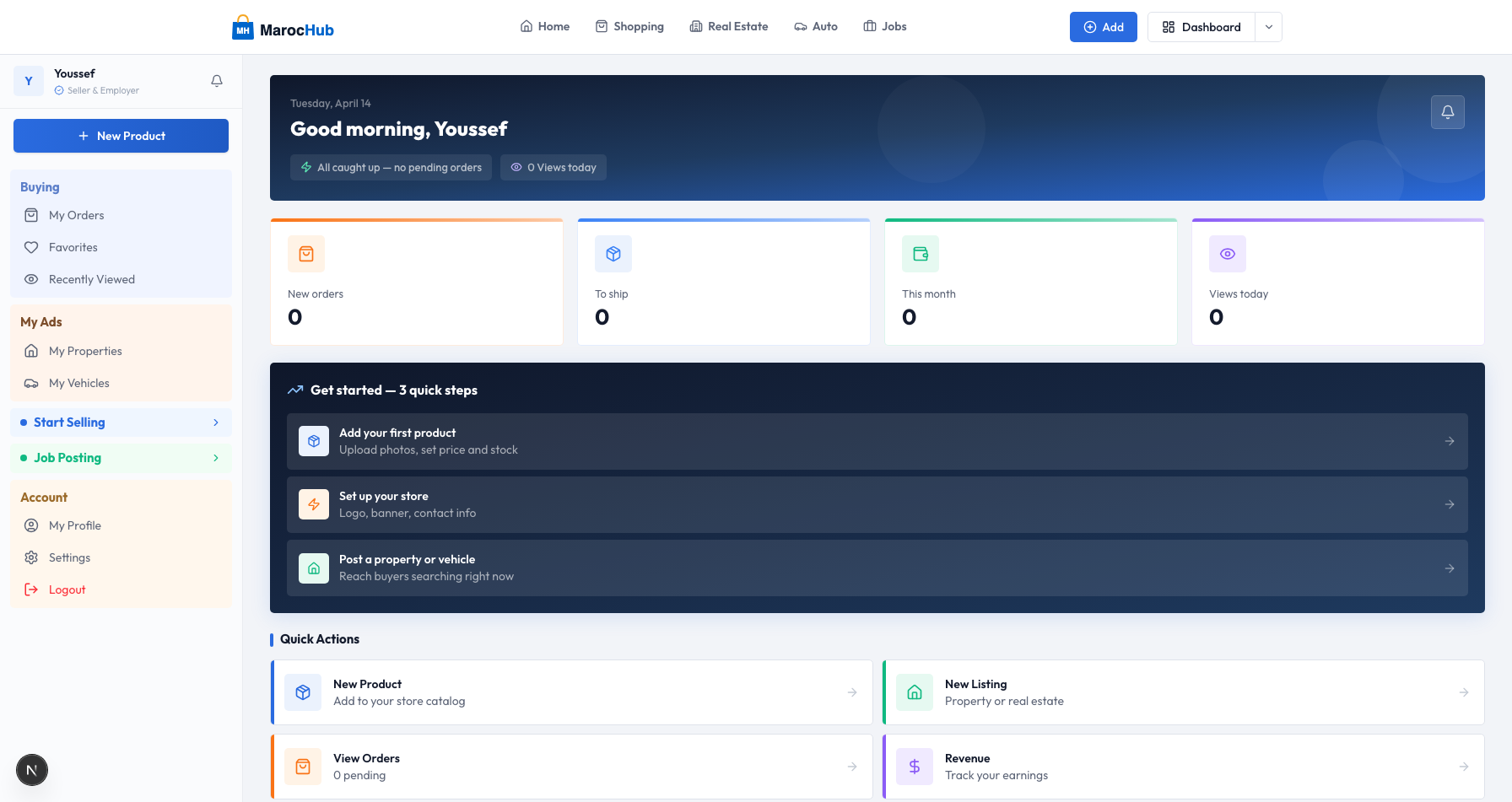Votre tableau de bord vendeur — commandes, vues, et actions rapides