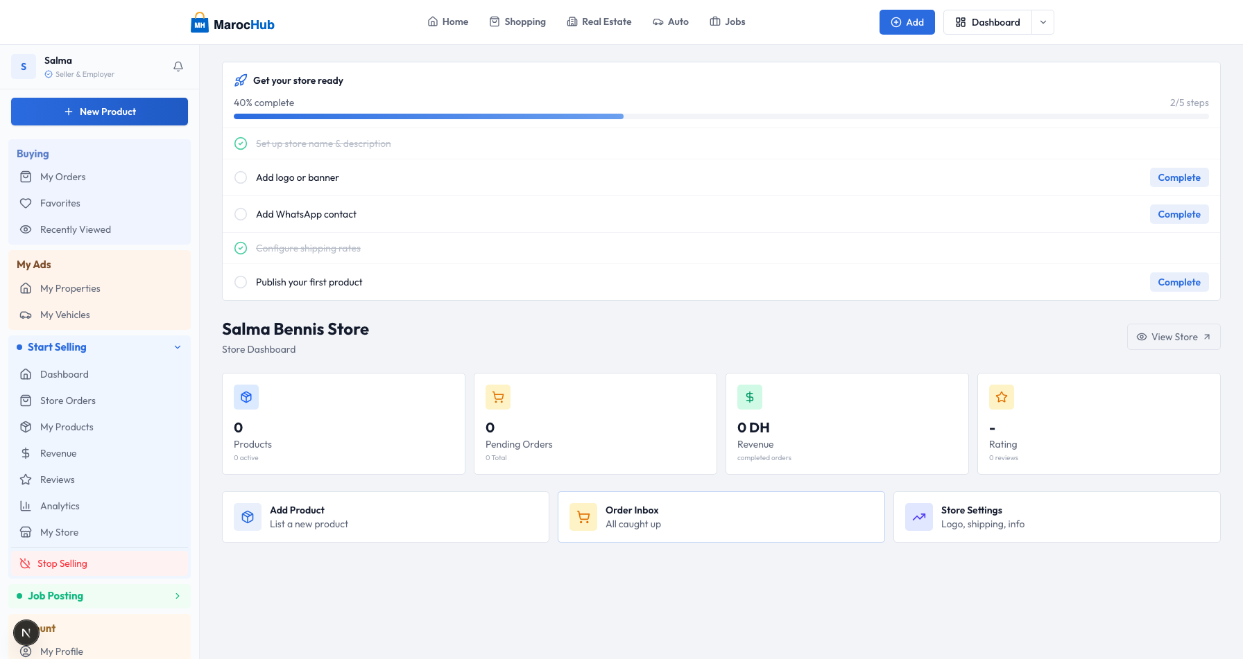 Le tableau de bord de votre boutique — produits, commandes, revenus et avis