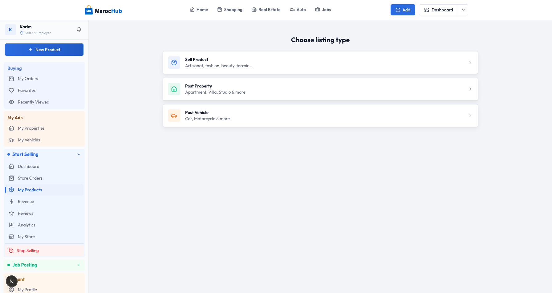 Choisissez le type d'annonce — produit, bien immobilier, ou vehicule